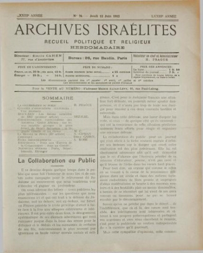 Archives israélites de France. Vol.73 N°24 (13 juin 1912)